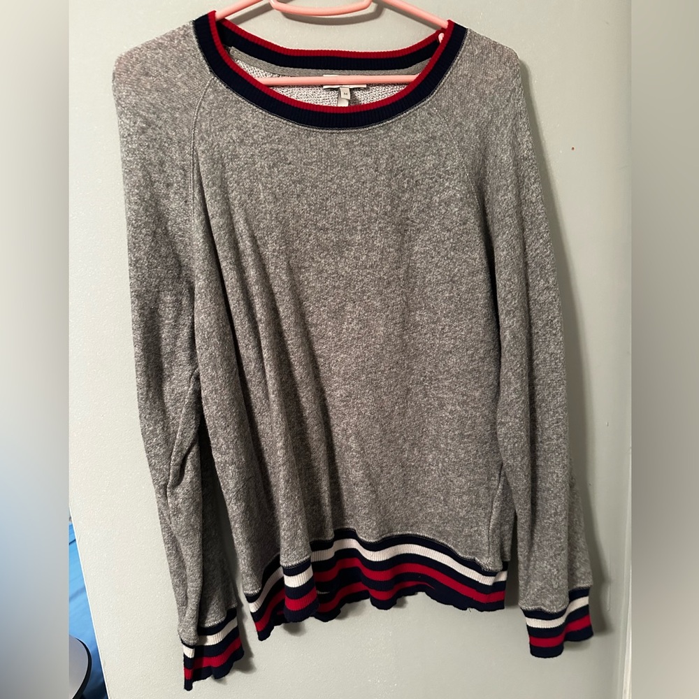 Grey sweater with blue & red stripe